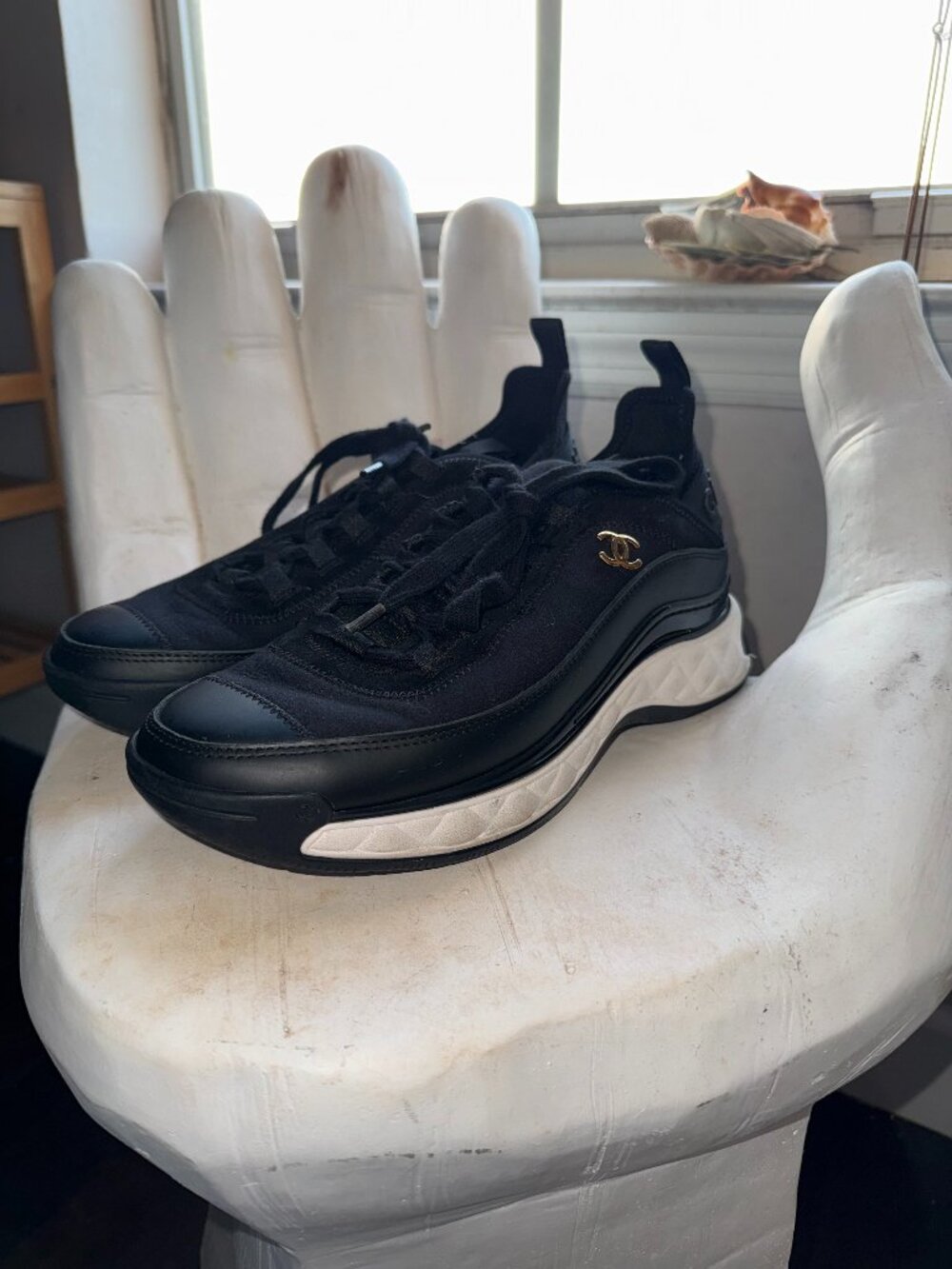 Chanel G35617 Black Gold CC Sneakers EU 38 Quilted Sole
